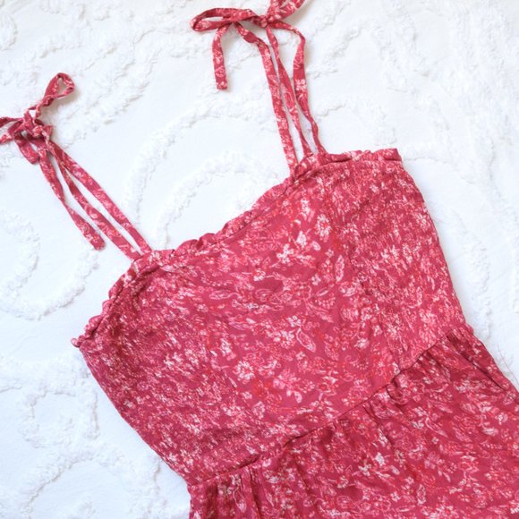 Knox Rose | Floral Smocked Tie-Strap Tiered Ruffle Red Midi Dress NWT | M - Picture 11 of 12